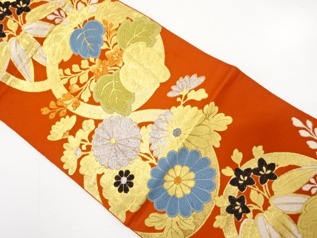 アンティーク　丸に桐・菊・笹竜胆模様織り出し袋帯（着用可）